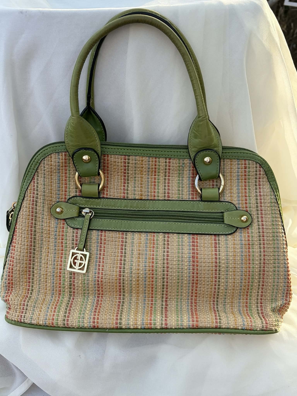 Giani Bernini Straw Satchel Green Trim Multicolor Woven Handbag